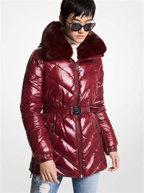 michael kors nylon and faux fur puffer|Faux Fur Trim Chevron Quilted Nylon Belted Puffer Coat.